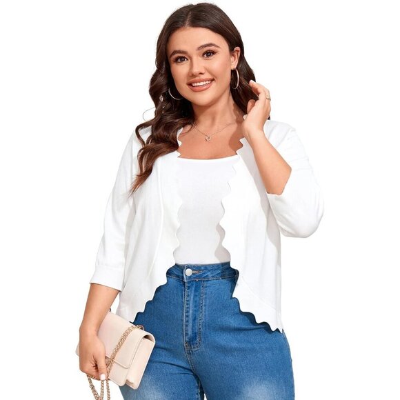 Sweaters - Womens Plus Size Knit Cardigan 3/4 Sleeve Open Front Casual Sweater